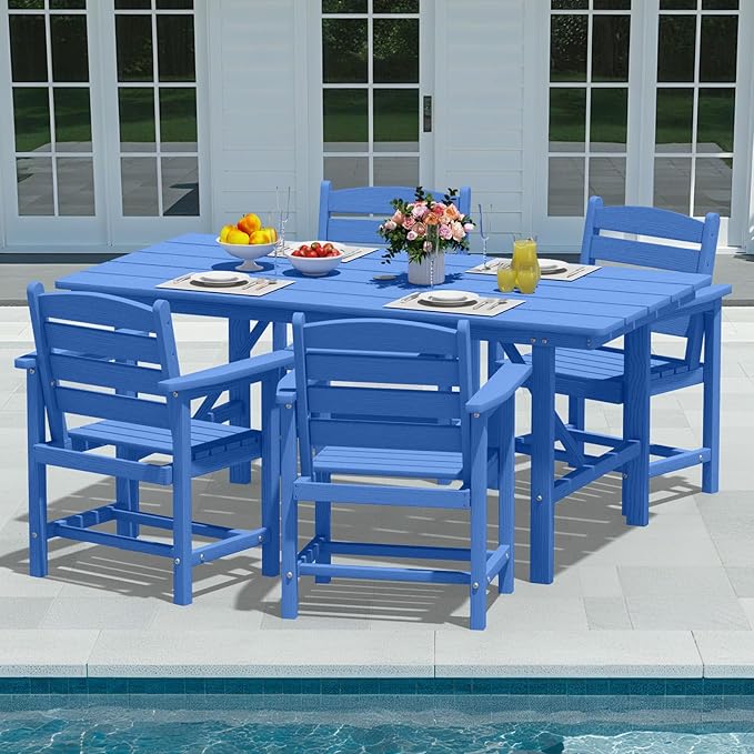 Patio Dining Set for 4 with Umbrella Hole - 66" Outdoor Table & 4 Chairs, All-Weather HDPE Outdoor Furniture for Lawn, Garden, Backyard, Poolside, Navy