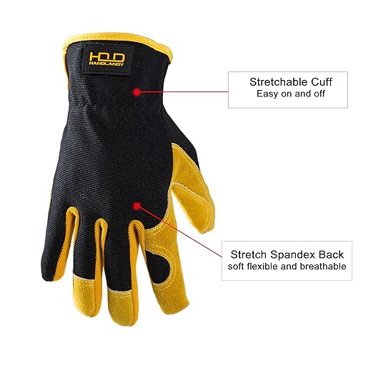 HLDD HANDLANDY Garden Gloves Men, Leather Work Gloves for Men & Women, Cowhide Gardening Gloves Utility Work Gloves for Mechanics, Construction, Driver (XL, Yellow)