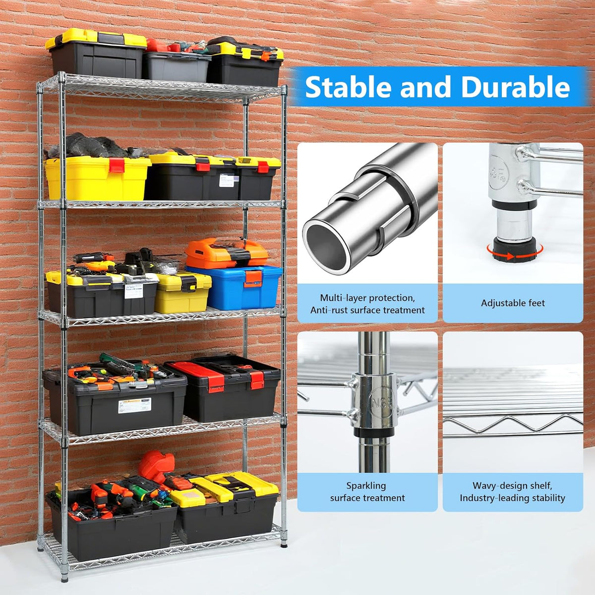 Heavy-Duty Chrome Steel Wire Shelving NSF Certified. Adjustable Storage Rack for Kitchen,Garage,and Laundry Utility Room (Chrome-5Tiers-36x14x72)