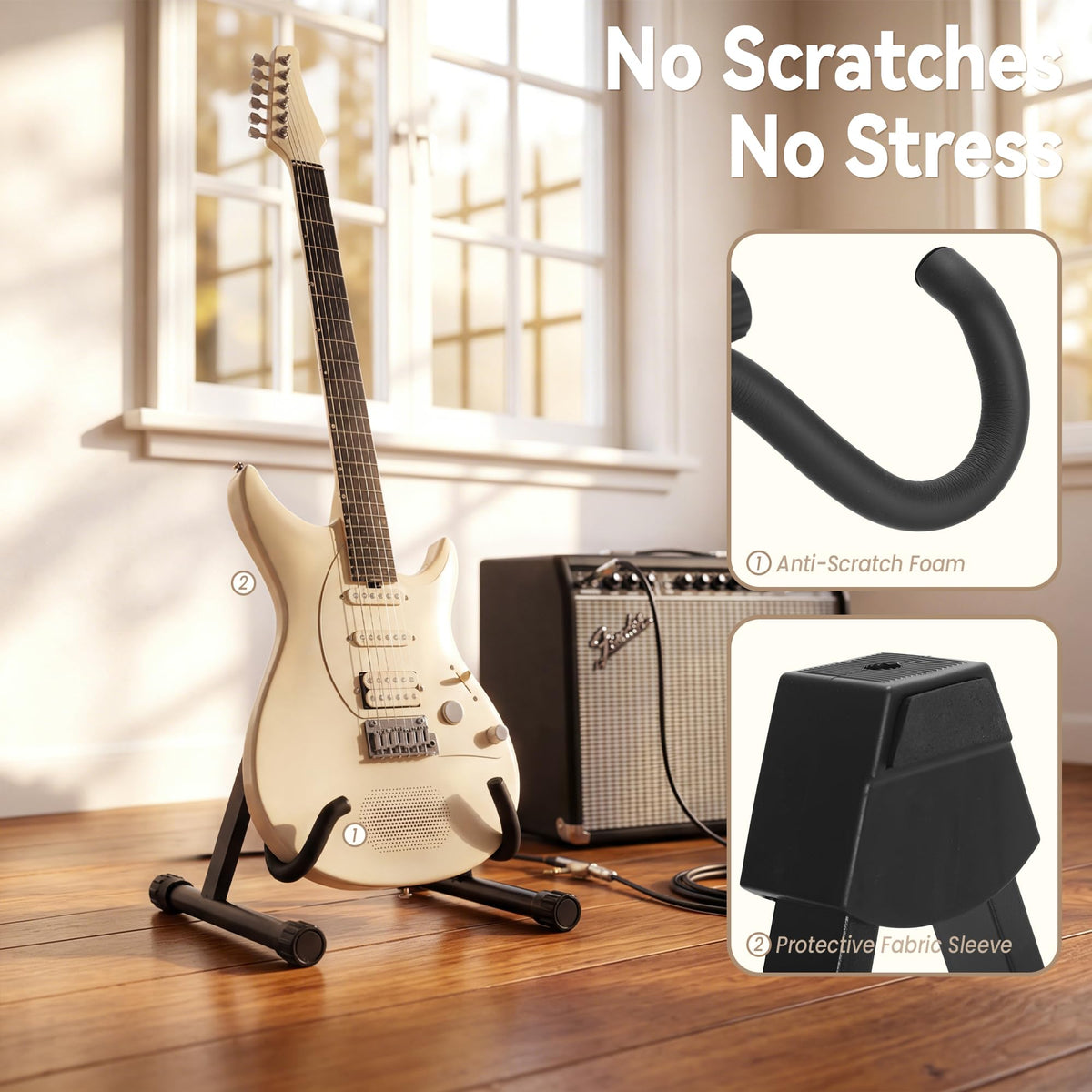 EmberGlow Electric Guitar Stand With Heavy-Duty Metal Auto-Lock, Adjustable Slim-Fit Neck Hook & Self-Leveling Feet, Secure Display Cradle for Electric Guitars