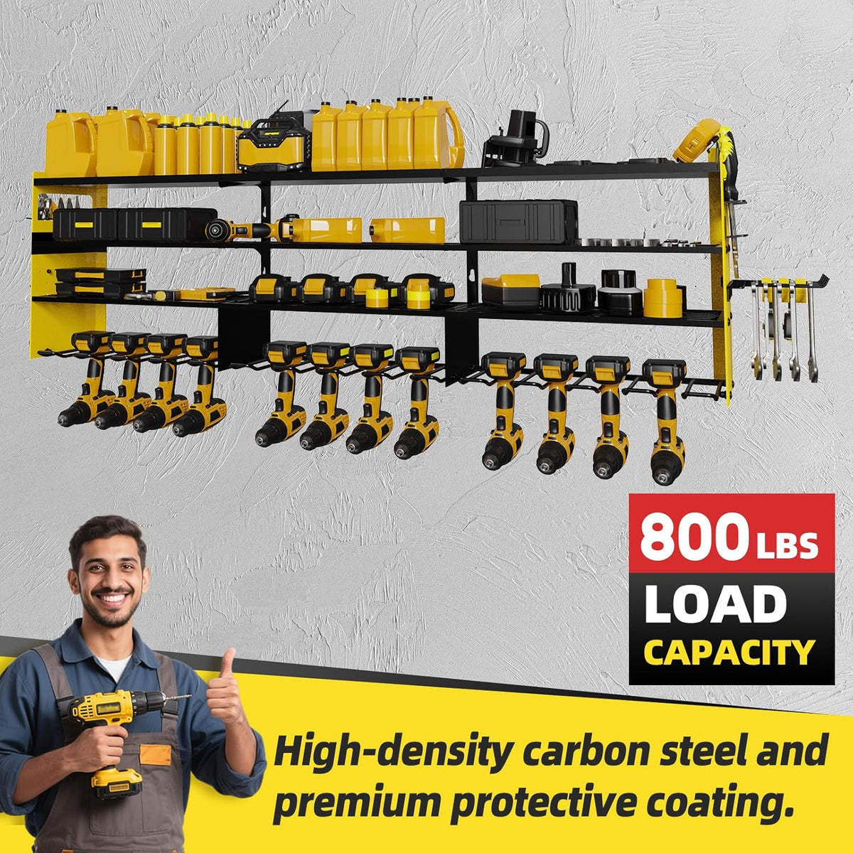 Power Tool Organizer Wall Mount with 12-Drill Holders-800Lbs Load Heavy Duty Metal 4-Layers Garage Storage and Organization with Side-Plates Adjustable Battery Tools Rack Utility Racks Gifts for Men