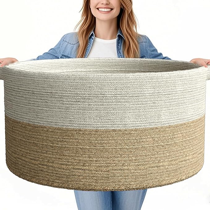 125L Extra Large Blanket Basket, 25" x 16", Jumbo Laundry Woven Baskets Decorative Home, Cotton Rope Basket with Handles, Baby Toy Baskets for Storage, White & Brown