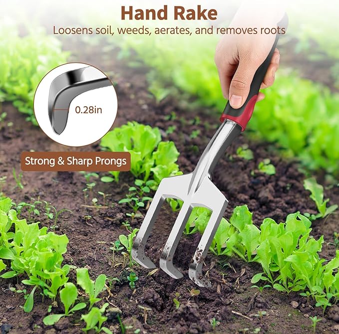 LASZOLA 3 Piece Garden Tool Set Include Hand Trowel Rake and Transplant Shovel for Women, Indoor Heavy Duty Small Spade Kit with Ergonomic Handle to Weed and Loosen, for Mom and Plant Beginner, Red