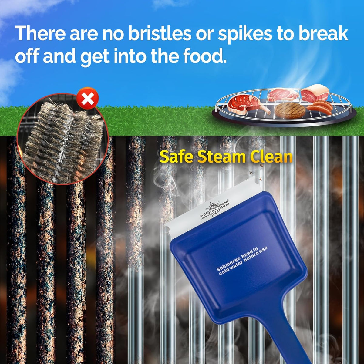 19" Large Bristle-Free Steam Cleaning Grill Brush,Replaceable BBQ Cleaning Head,Safe Grill Accessories for Cast Iron/Porcelain/Weber Gas/Charcoal Grill,Grill Cleaner for Outdoor Grill