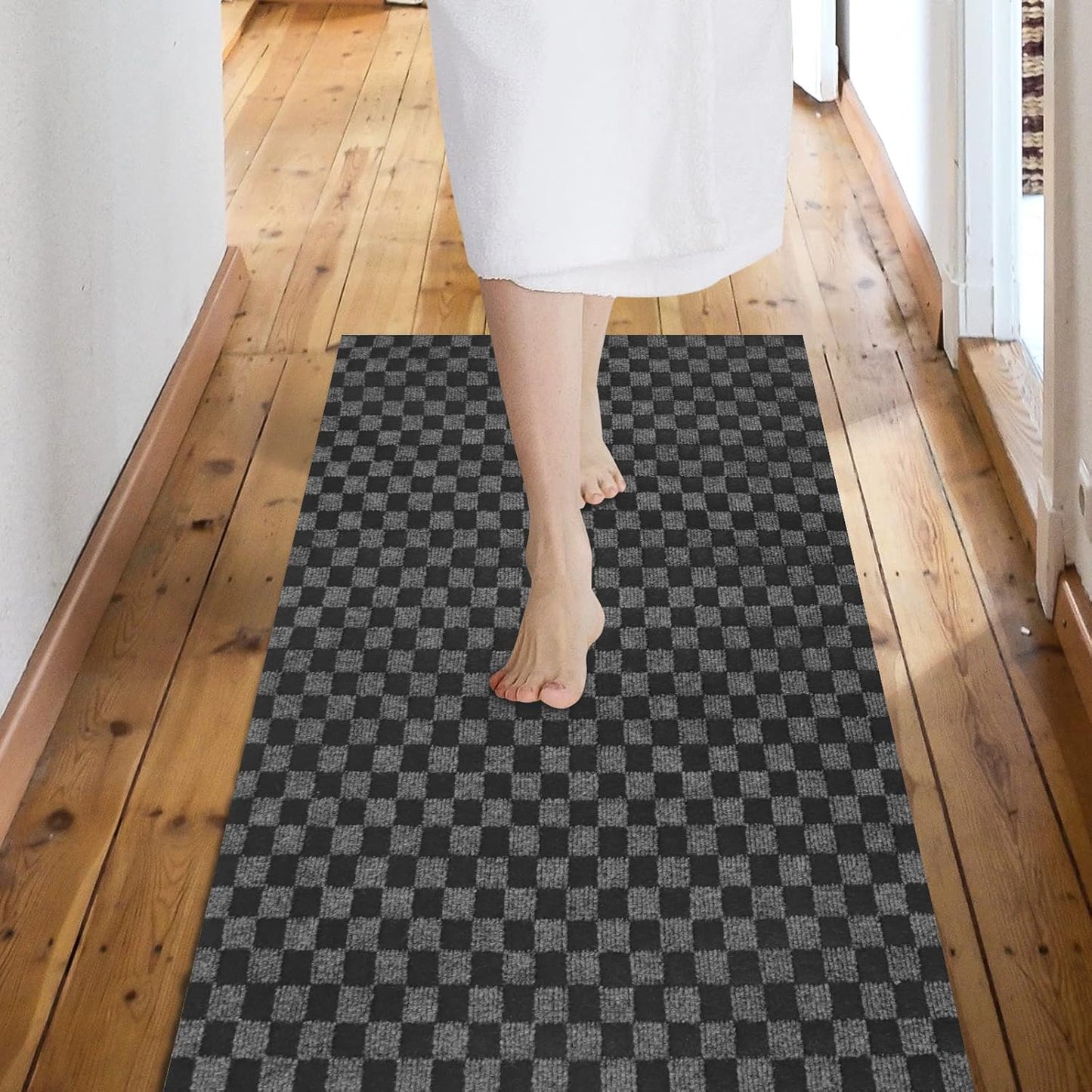 Custom Size Backed Non-Slip Area Rugs Runner, Easy Clean, Waterproof Runner Rugs for Hallway Entryway, Kitchen, Laundry, 3FT x 7FT, Gray Checkered