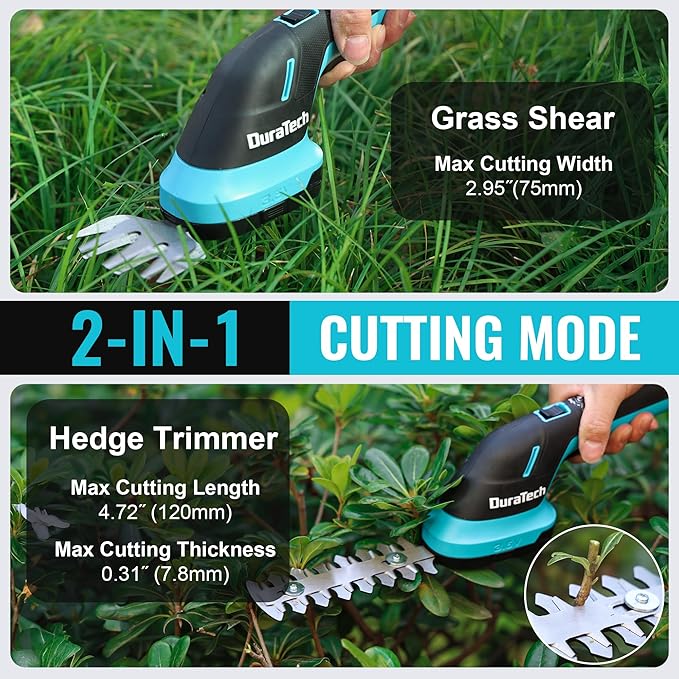 DURATECH Cordless Hedge Trimmer, 3.6V 2-in-1 Handheld Rechargeable Grass Trimmer & Hedge Shears with USB Type-C Cable, Built-in Li-ion Battery, Electric Shrub & Grass Shears for Garden, Yard and Lawn