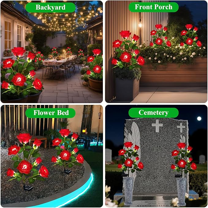 2 Pack Solar Garden Lights Outdoor, 7-Flower Rose LED Stake Light for Yard Patio Pathway Lawn Fence Cemetery, Red