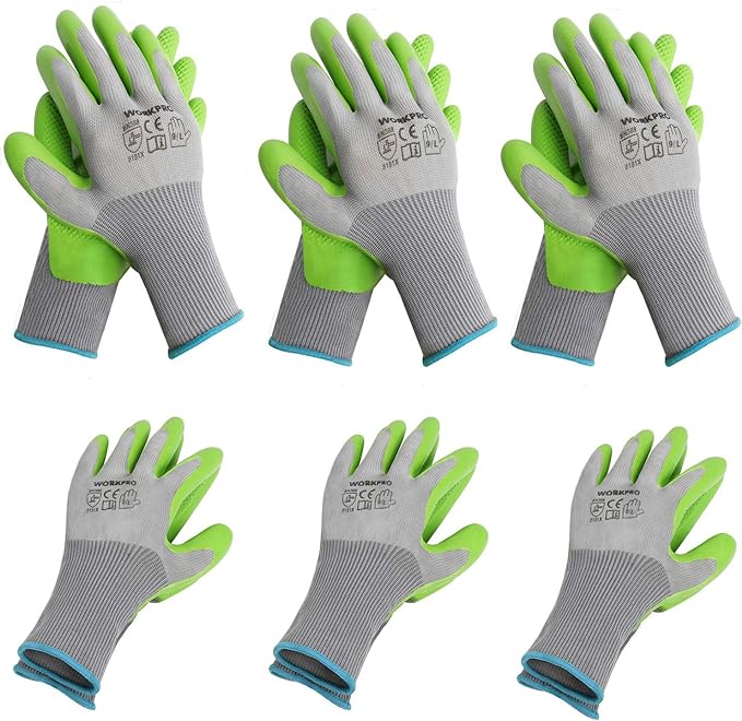 WORKPRO 6 Pairs Garden Gloves, Work Glove with Eco Latex Palm Coated, Gardening Glove, Working Gloves for Weeding, Digging, Raking, and Pruning (Large)
