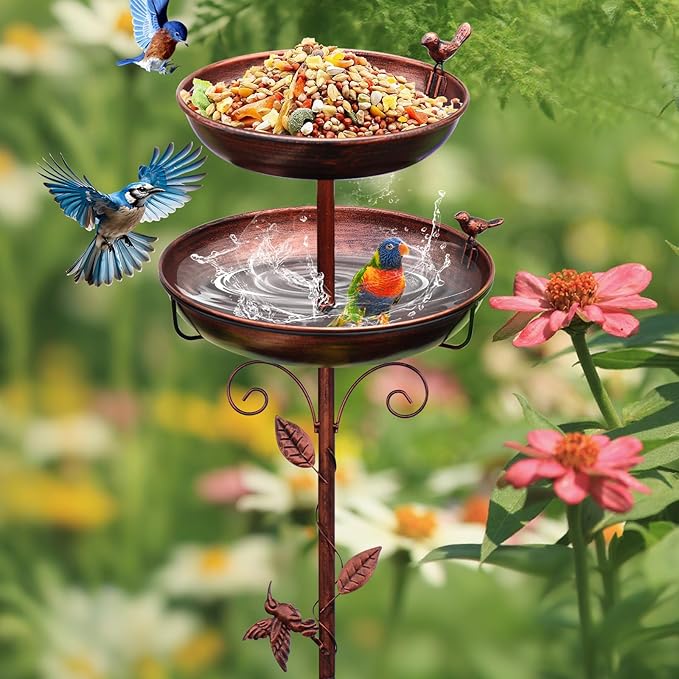 Metal Bird Bath for Outside, 2-in-1 Birdfeeder and Bath, 42 Inch Tall Stand with Hummingbird, Large 12Inch & Small 7.9Inch Bird Bath Bowl, 3 Bird Decor for Garden, Antique Bronze