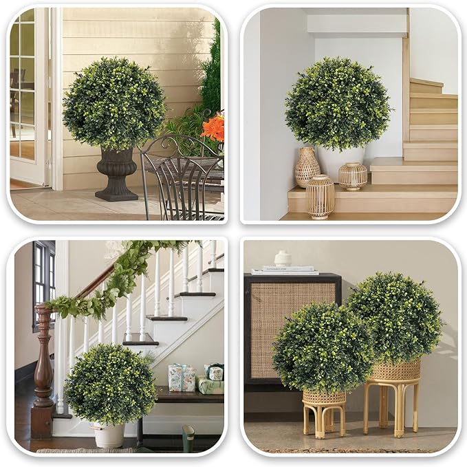 ICX 2 Pack 24" Artificial Boxwood Topiary Ball Trees with Ground Spike,Artificial Plants Outdoor,Fake Bushes & Shrubs for Porch, Garden, Front Porch Decor - Indoor/Outdoor Faux Plants