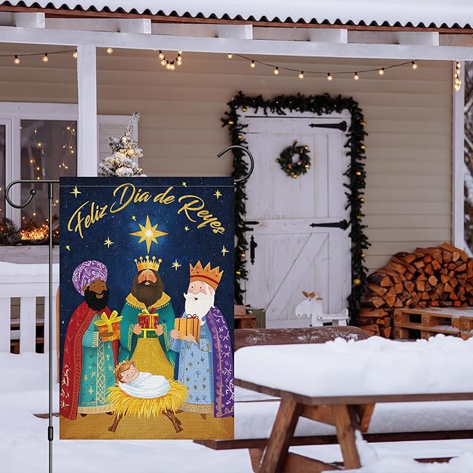 Heyfibro Feliz Dia De Reyes Garden Flag Three Kings Christmas Flags 12 x 18 Inch Double Sided Burlap,Nativity Christ Yard Banner for Xmas Winter Farmhouse Seasonal Decor(ONLY FLAG)
