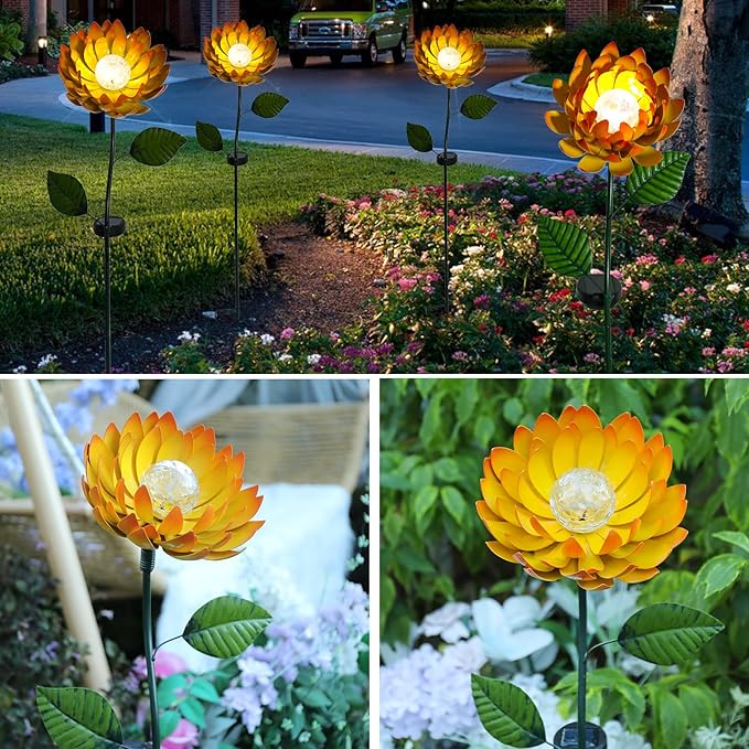 VCUTEKA Solar Garden Lights Metal Flower Decor Colorful Yellow Flowers Solar Pathway Light with LED Cracked Crystal Ball Outdoor Decorative Stake for Patio Yard Lawn