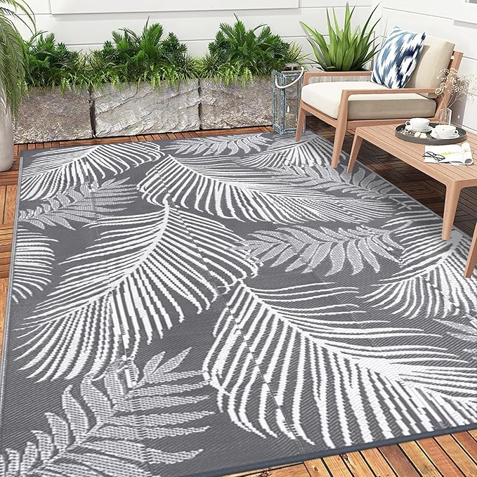 Pauwer Waterproof Outdoor Rug 9x12, Reversible Plastic Straw Patio Camping Rug, Indoor Outdoor RV Mat Carpet for Deck, Camper, Porch, Balcony, Backyard, Picnic, Leaf Grey