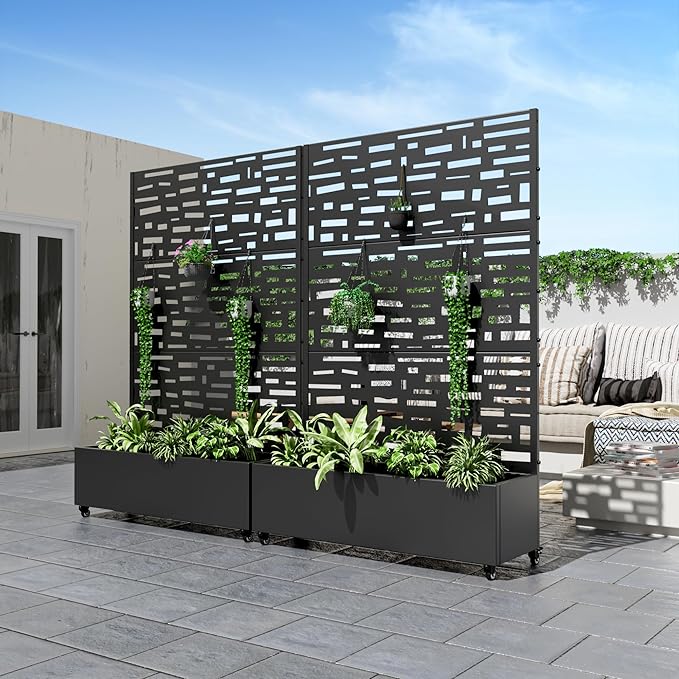 Casaphoria Metal Raised Garden Bed with Trellis and Wheels, 72"x47"x16" Planter Box for Climbing Plants, Vegetables & Vines, Features Drainage Holes and Privacy Screen (Black-Gerald)