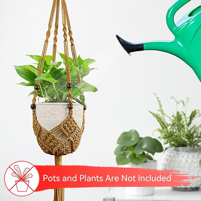 USLAI Macrame Handmade Basket Plant Hanger (2-Pack), for 3-8 Inch Pots, Indoor Outdoor Strong Hanging Planter Flower Pot Holder with Beads and Tassels, Boho Home Decor (POTS NOT Included) (Brown)