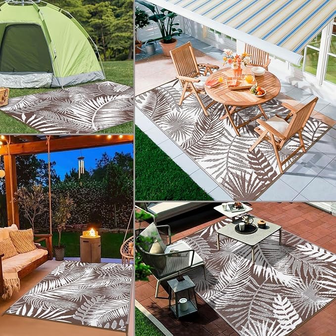 Outdoor Rug Waterproof for Patios Clearance, Reversible Outdoor Plastic Straw Rug Camping Carpet, Outside Floor Mats Large Area Rugs for RV,Patio,Deck,Porch,Beach,Balcony，10'x8',Brown&White