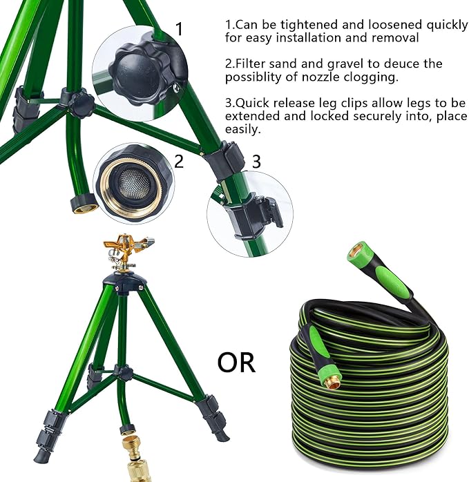 Impact Sprinkler on Tripod Base, Heavy Duty Adjustable Zinc Sprinkler Head for Lawn Yard Garden, 360 Degree Large Area Irrigation, 3/4" Connector Extension Legs Flip Locks, 2 Pack