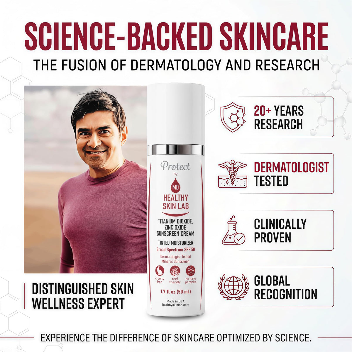 Healthy Skin Lab Protect Tinted Moisturizer SPF 50, Sheer Universal Tint, Lightweight Hydrating Mineral Sunscreen for Face, Hyaluronic Acid, Broad-Spectrum Daily SPF, Dermatologist-Tested, 1.8 oz
