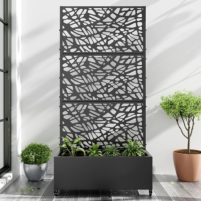 Casaphoria Metal Raised Garden Bed with Trellis and Wheels, 72"x35"x16" Planter Box for Climbing Plants, Vegetables & Vines, Features Drainage Holes and Privacy Screen (Black-Net)