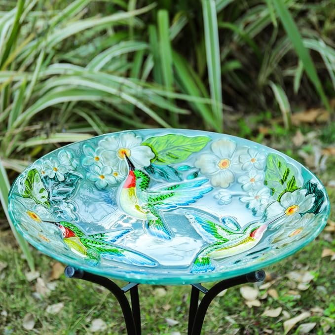 VCUTEKA 18" Outdoor Glass Birdbath with Sturdy Metal Stand for Lawn, Yard, or Garden Decor Bird Lovers Gift, Hummingbird Bird Bath Detachable, 22" Height