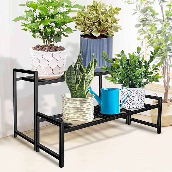 Plant Stand Indoor Outdoor, 2-Tier Wrought Iron Plant Stands, Stackable Metal Plant Shelf Decorative Outdoor Flower Stand Heavy Duty Pedestal Stands for Garden Deck Living Room, Black