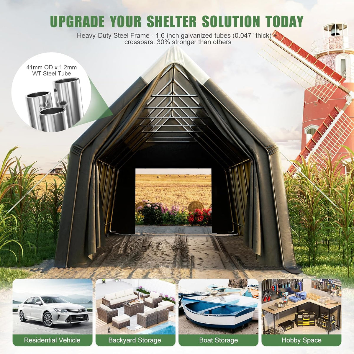 Skyview Portable Garage, 13x24 FT Heavy Duty Carport Canopy with Translucent Roof, Reinforced Metal Frame, Zipper Doors,All-Weather Resistant, Waterproof Outdoor Storage Shelter for Cars/RV/ATV