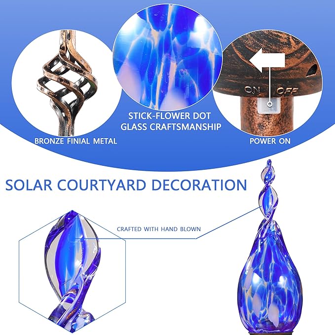 Solar Garden Lights, Decorative LED Flame Garden Stakes, Hand Blown Glass and Outdoor Waterproof Glass Stakes (Dark Blue)
