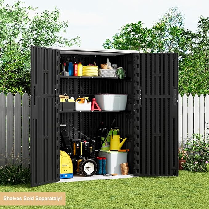 KINYING Outdoor Vertical Storage Shed,57 Cu.ft Outdoor Storage Cabinet Waterproof,Resin Sheds & Outdoor Storage Clearance for Garden,Patio,Backyard,Lockable (Black)