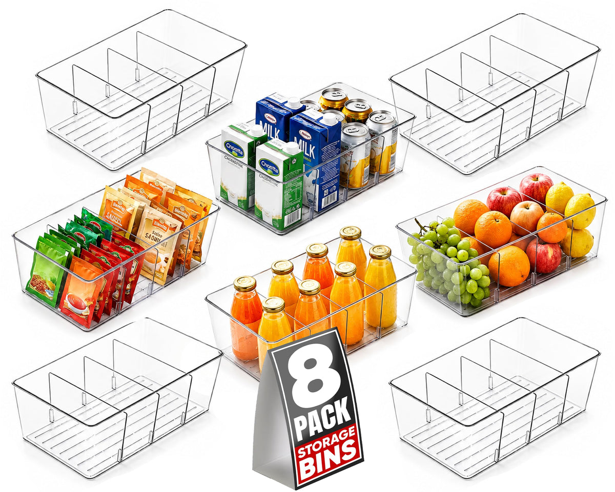 Oizeir Clear Pantry Organizer Bins 8-Pack - Fridge Organizer with 3 Removable Dividers, Ideal for Kitchen, Pantry, Refrigerator, Freezer, and Snack Storage