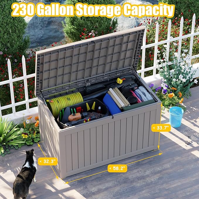 DRATO 230 Gallon Deck Box, Waterproof Resin Large Outdoor Storgae Box for Patio Furniture, Patio Cushions, Gardening Tools, Pool and Sports Supplies, Lockable