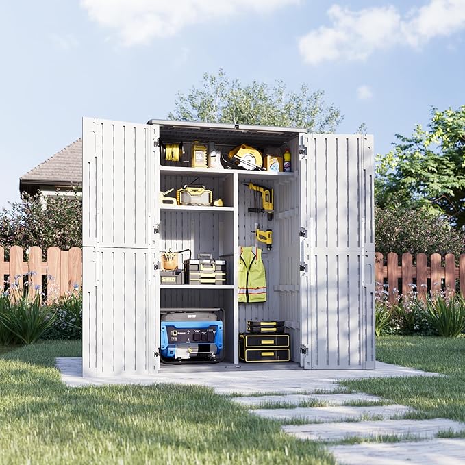 Aoxun 64 Cu.Ft Outdoor Storage Shed with Shelving Kit and Floor, Waterproof Horizontal Resin Cabinet for Trash Cans, Lawn Mowers, Generators, and Garden Tools