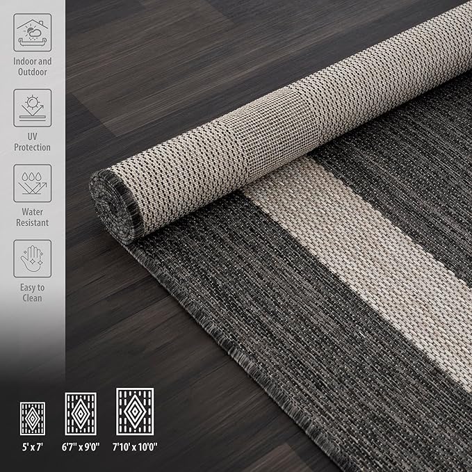 CAMILSON Outdoor Rug 6x9,Modern Outside Rugs for Patios Porches Waterproof Durable Washable Non-Shedding, Easy-to-Clean Indoor Outdoor Area Carpet (6 x 9, Bordered - Dark Gray/Light Gray)