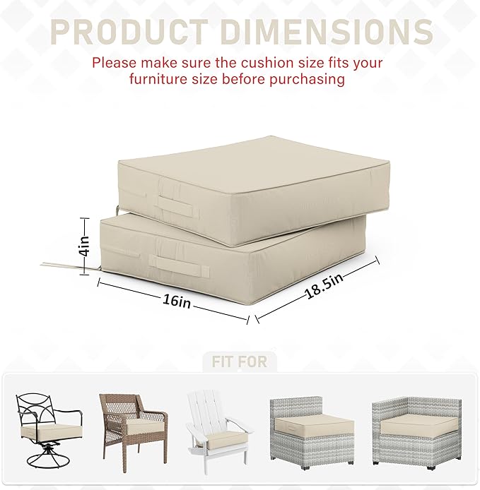 Patio Chair Cushions 18.5 X 16 X 4 Inch Waterproof Outdoor Seat Cushions for Patio Furniture, Outdoor Sofa Couch Pads with Ties & Handle, Set of 2, Cream