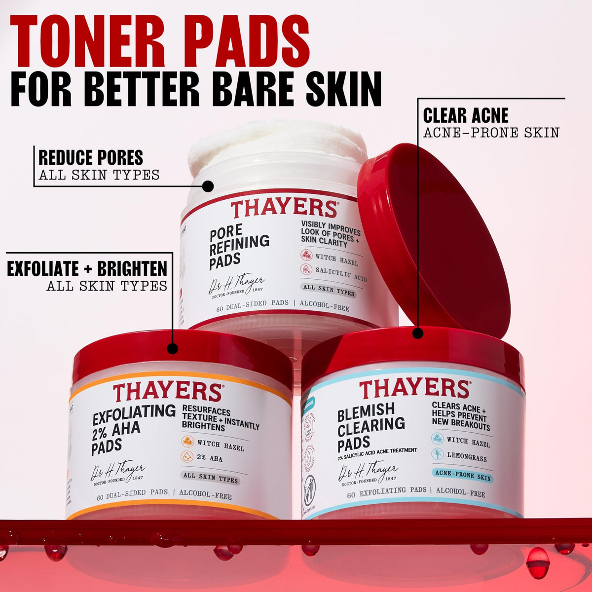 THAYERS Blemish Clearing Acne Pads, Salicylic Acid Acne Treatment, 60 Ct