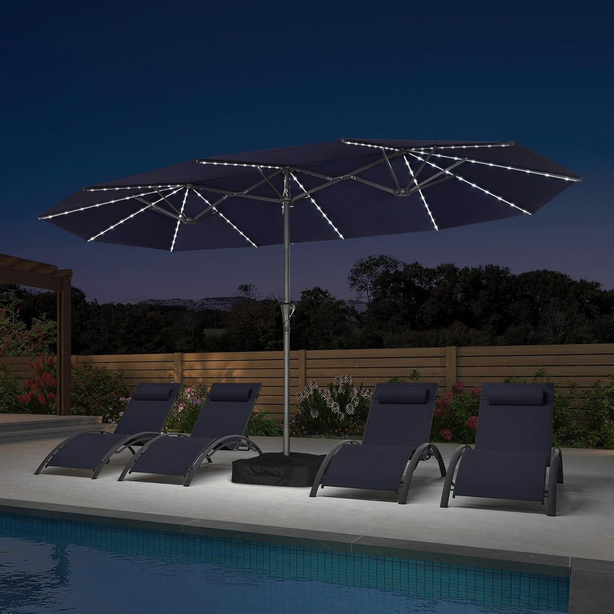 PURPLE LEAF 14ft Patio Umbrella with Solar Lights Outdoor Double-Side Market Umbrella with Base Included Rectangle Table Umbrella for Pool Garden Backyard, Navy blue
