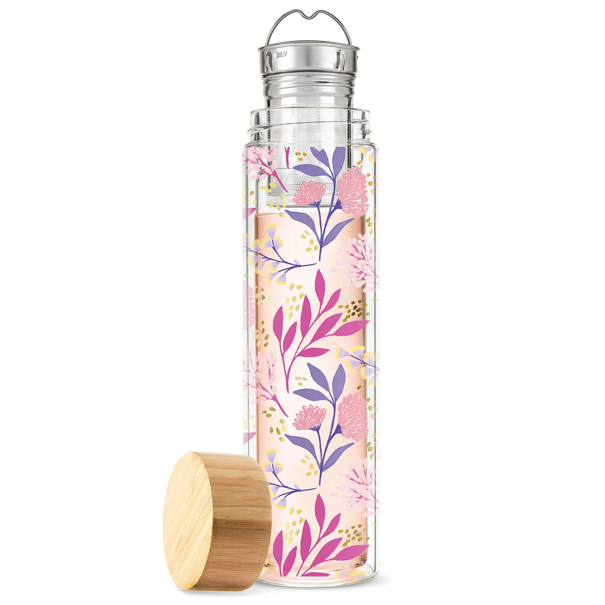 Pinky Up Blair Travel Tea Infuser Mug, Double Walled Insulated Travel Tumbler with Loose Leaf Tea Strainer, Travel Coffee Mug, Keeps Drinks Hot or Cold, 16 oz, Botanical Design