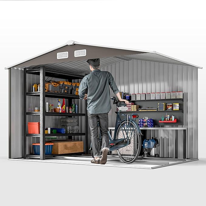 Outsunny 9' x 6' Outdoor Storage Shed, Garden Tool Metal Shed with Foundation Kit, Double Lockable Door, Air Vents and Sloping Roof, for Backyard, Patio, Lawn, Gray