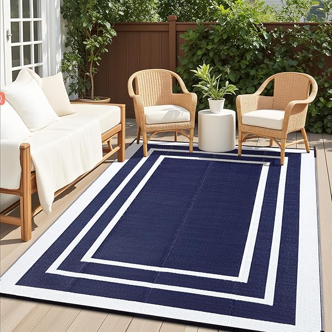 OLANLY Outdoor Rug 8x10 ft Waterproof, Reversible Outdoor Plastic Straw Rug, RV Mat, Indoor Outdoor Carpet Clearance for Patio, Camping, Balcony, Deck, Backyard, Navy & White