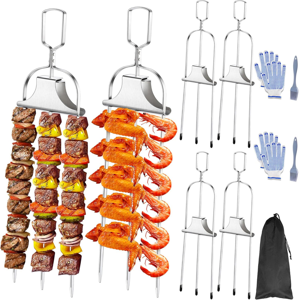 6PCS Kabob Skewers for Grilling, 14'' Stainless Steel 3-prong Metal Kebab Grill Skewers with Push Bar Slider, Skewer Sticks for Meat Veggies Shrimp Marshmallows Fruits, BBQ Barbecue Accessories