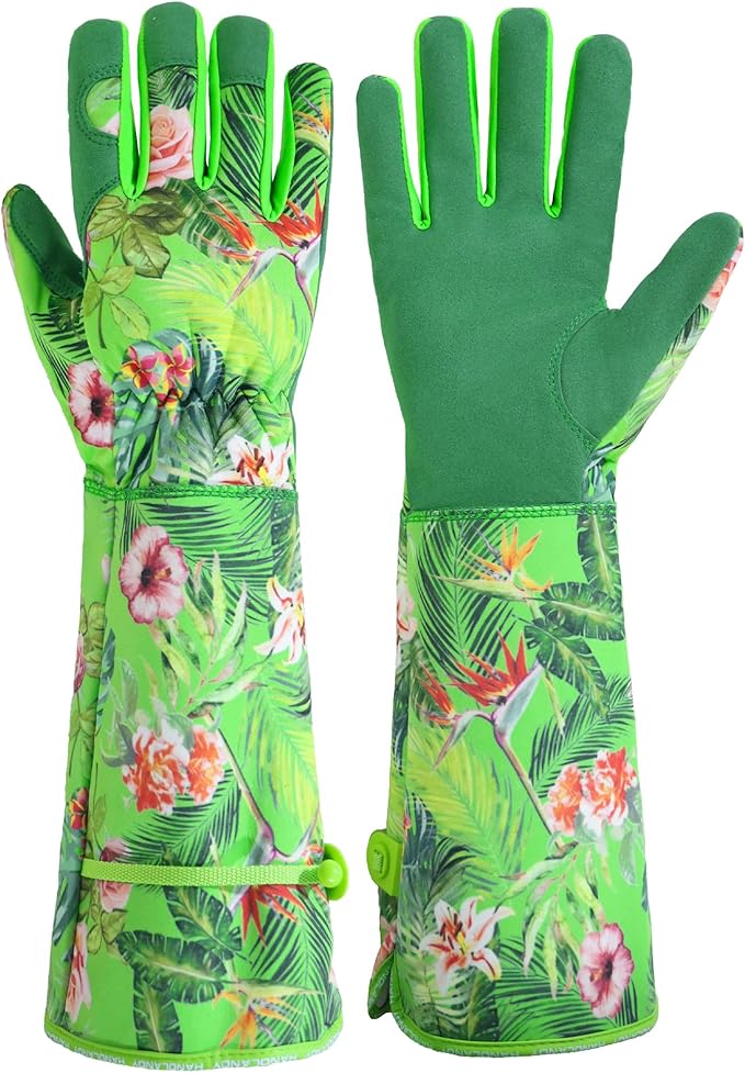HANDLANDY Women Gardening Gloves, Thorn Proof Breathable Ladies Rose Pruning Long Gauntlet Floral Print Garden Yard Gloves, Gift for Gardeners (Green, M)