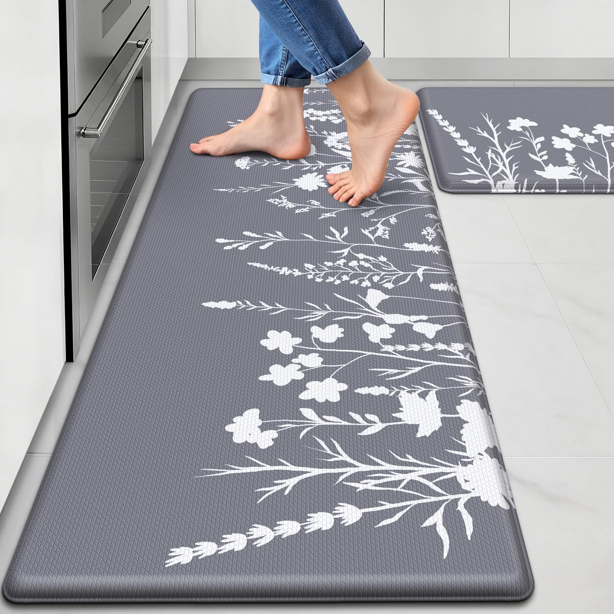 SofterCharm Kitchen Mats for Floor, 2-Piece Anti-Fatigue Kitchen Rugs, Grey