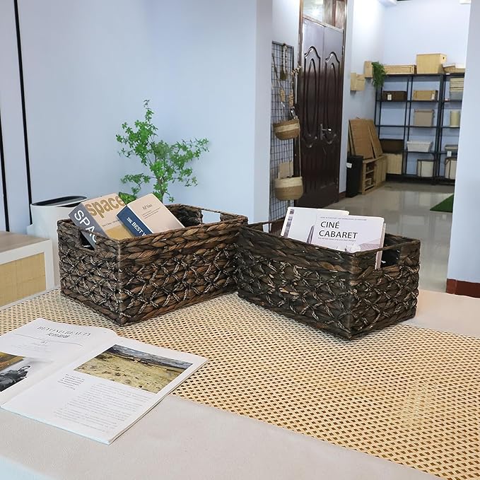 Rectangular Woven Water Hyacinth Basket,Dark Storage Basket With Inside Handle Shelves Kitchen Office Desk (Set of 2)