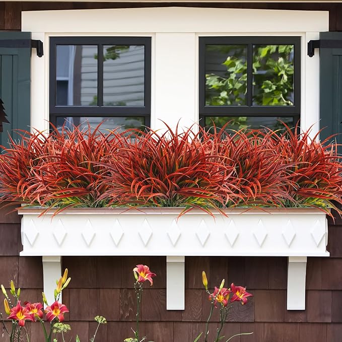 Uieke 12 Bundles Artificial Outdoor Plants UV Resistant Fake Grass Plants Faux Plastic Plants Greenery Shrubs for Home Garden Pathway Window Box Front Porch Cemetery Fall Decor, Autumn Red