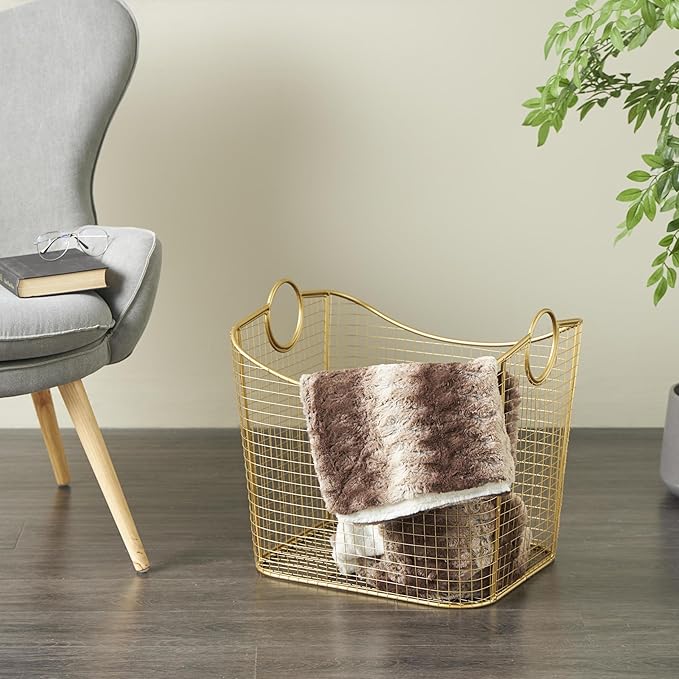 Deco 79 Metal Decorative and Functional Storage Basket Deep Basket Organizer with Round Handles, Basket for Storage 20" x 18" x 19", Gold
