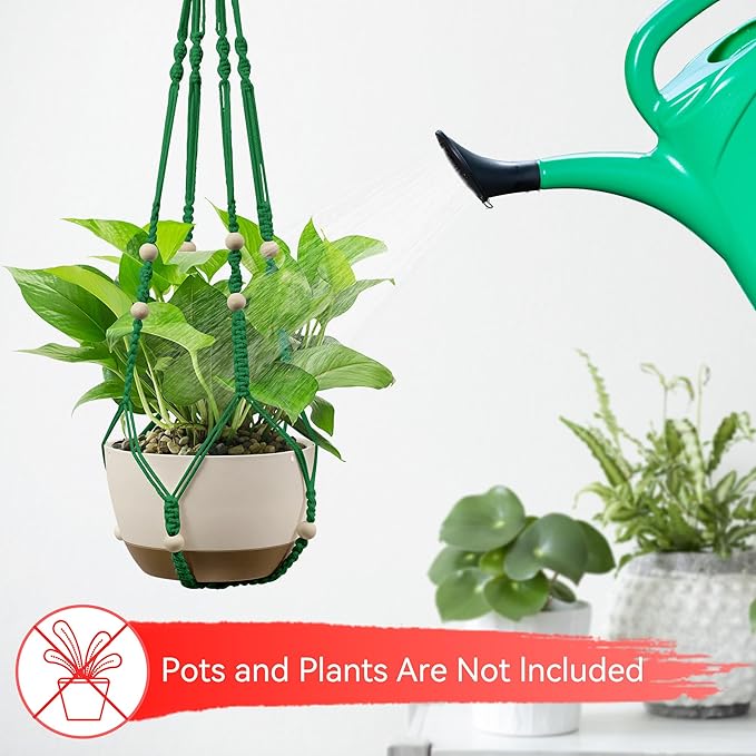 USLAI Macrame Plant Hanger Indoor Outdoor, Up to 4-15 inch Pot, Heavy 20lb Planters, Extra Long Strong Hanging Planter Basket Holder, Boho Home Decor, 35+49 Inch, Green (POTS NOT Included)