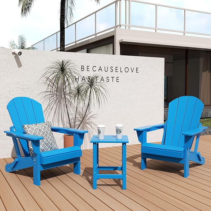 WO Home Furniture Adirondack Chair Table Set of 2 PCS Outdoor Folding Chair w Side Table Weather/UV Resistant for Lawn, Garden, Bon Fire, Balcony (Pacific Blue)
