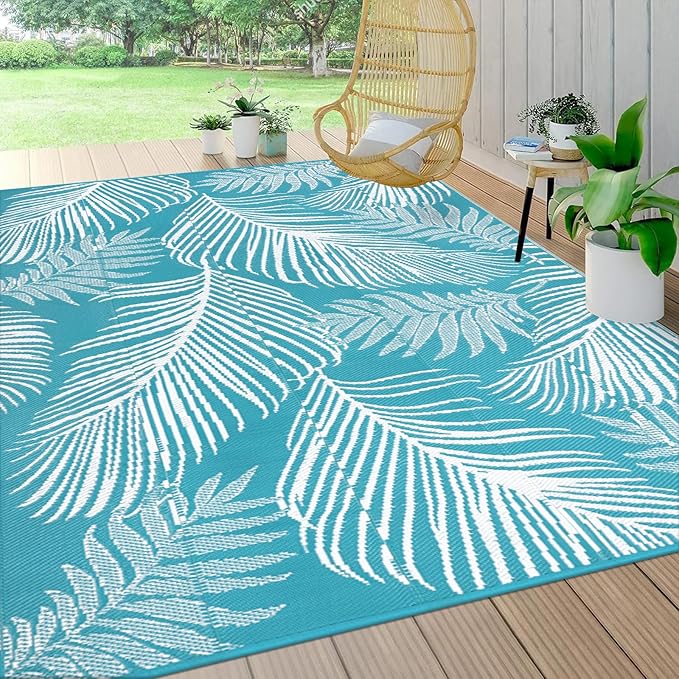 Pauwer Waterproof Outdoor Rug 8x10, Reversible Plastic Straw Patio Camping Rug, Indoor Outdoor RV Mat Carpet for Deck, Camper, Porch, Balcony, Backyard, Picnic, Leaf Teal