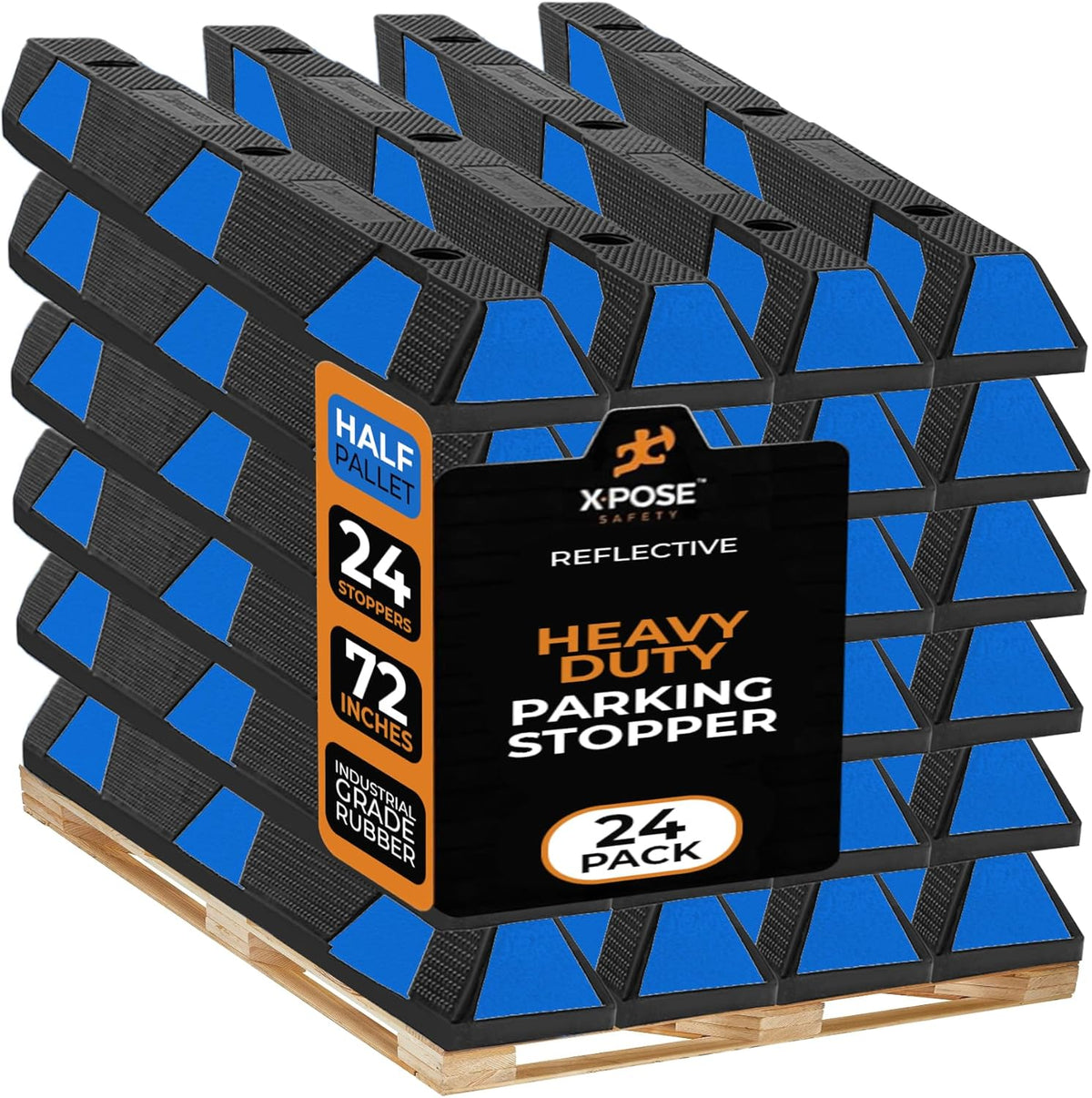 Xpose Safety 72" Heavy Duty Rubber Parking Stopper – Bulk Half Pallet 24 Pack Wheel Blocks for Garage, Driveway, or Ramp – Car Bumper Stop with Blue Reflective Strips – Removable Floor Mount
