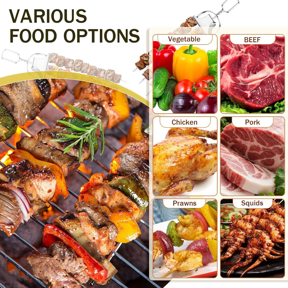 4PCS Kabob Skewers for Grilling, 14'' Stainless Steel Kebab Skewers, 3 Prong Metal Grill Skewer with Push Bar Slider, Skewer Sticks for Meat Veggies Fruits Marshmallows, BBQ Barbecue Accessories