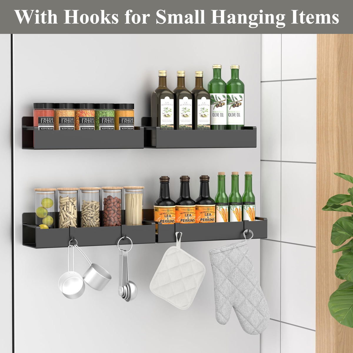 HuggieGems 4 Pack Magnetic Spice Rack Organizer for Refrigerator and Oven, Black Fridge Organizers and Storage for Kitchen